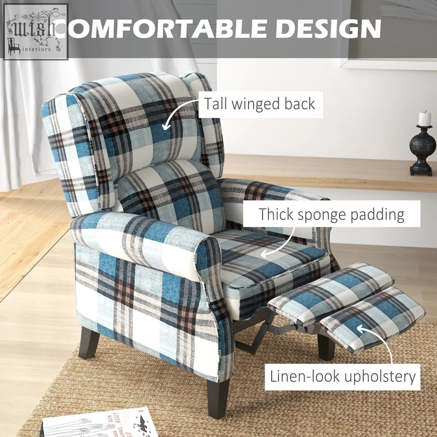 Homcom wingback reclining chair with checked linen-feel upholstery in blue plaid for living room with footrest and wood legs