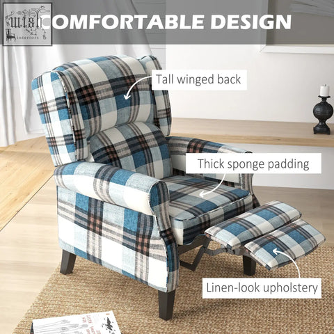 Homcom wingback reclining chair with checked linen-feel upholstery in blue plaid for living room with footrest and wood legs