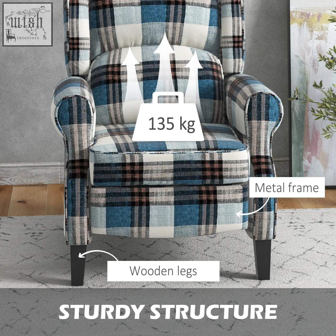 Homcom wingback reclining chair in blue black and white plaid with checked linen-feel upholstery and wood legs
