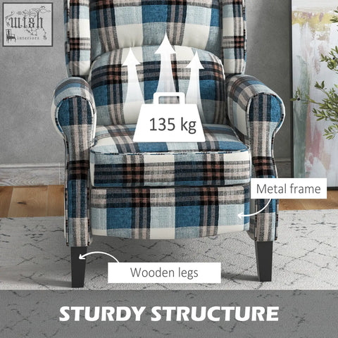 Homcom wingback reclining chair in blue black and white plaid with checked linen-feel upholstery and wood legs