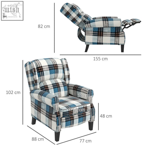 Homcom wingback reclining chair with blue checked linen-feel upholstery, dark wood legs, and footrest for living room