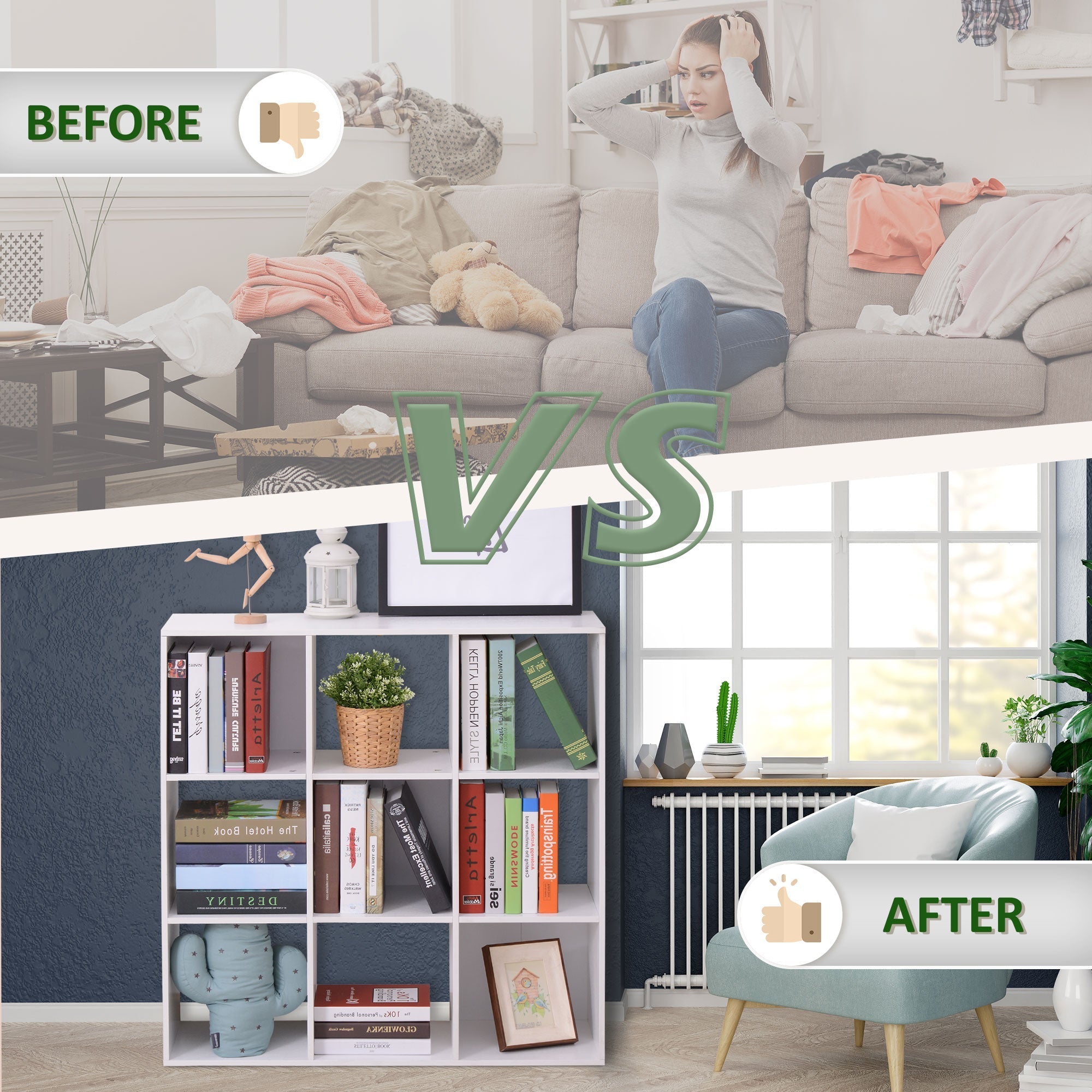 HOMCOM Wooden 9 Cube Storage Cabinet Unit 3 Tier Bookcase Shelves Organiser Rack Display  - White
