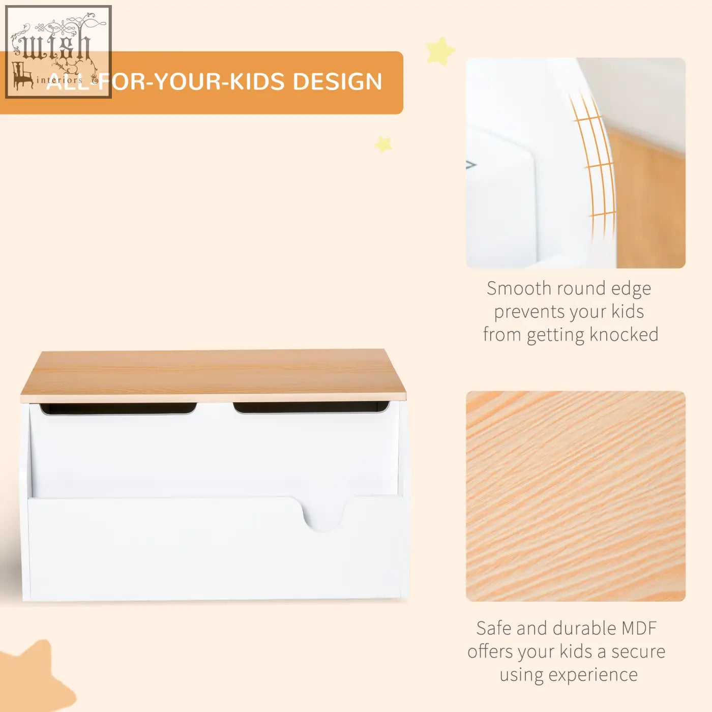 White and light wood grain wooden kids toy storage box with gas hinge and book slot for playroom organization