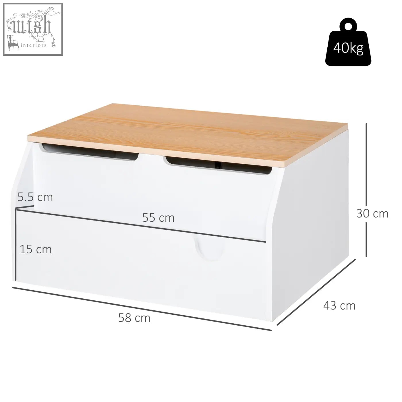 White and light wood HOMCOM kids storage box with two drawers gas hinge and book slot for playroom organization