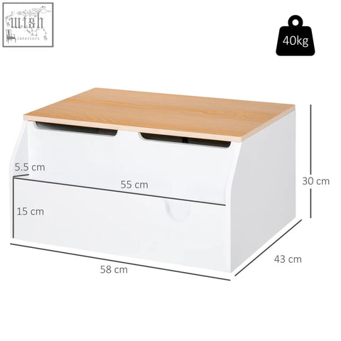 White and light wood HOMCOM kids storage box with two drawers gas hinge and book slot for playroom organization