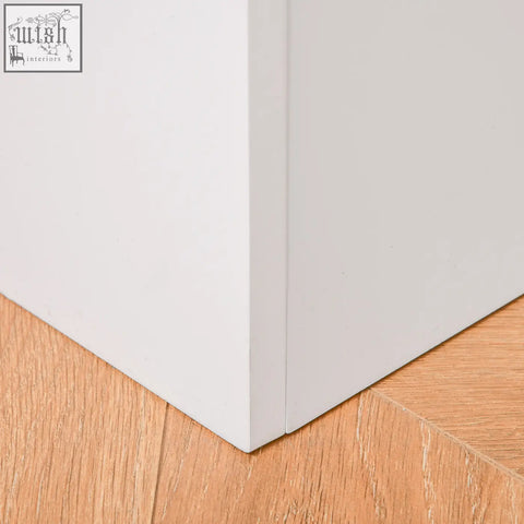 White wooden kids toy box with clean door frame corner featuring gas hinge and book slot for storage box use