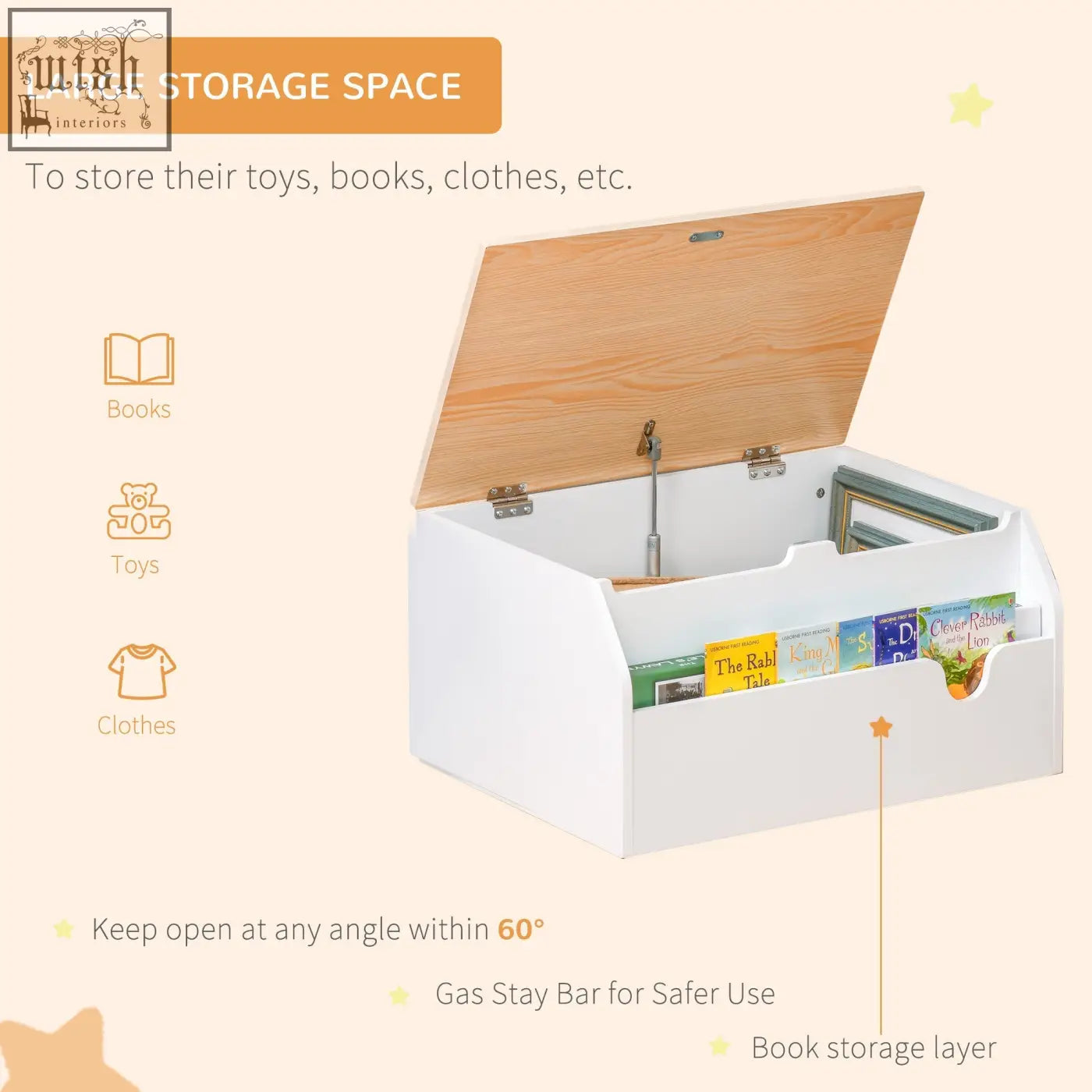 White wooden kids storage box with light wood lid, gas hinge, and built-in book slot for playroom organization