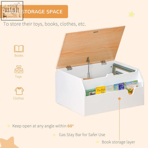 White wooden kids storage box with light wood lid, gas hinge, and built-in book slot for playroom organization
