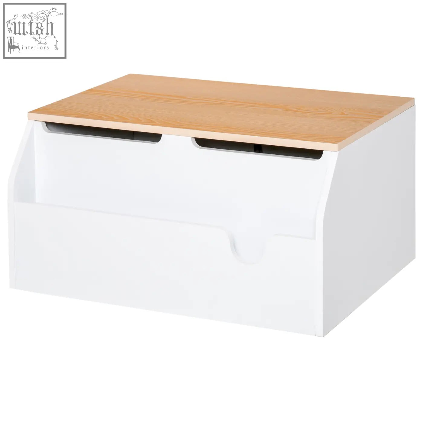 White wooden kids storage box with light wood top, black-trimmed compartments, gas hinge, and book slot organizer