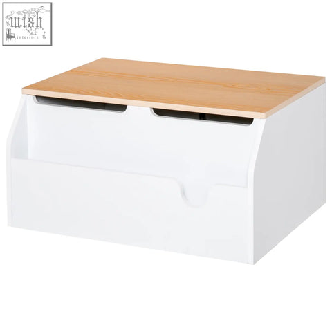 White wooden kids storage box with light wood top, black-trimmed compartments, gas hinge, and book slot organizer