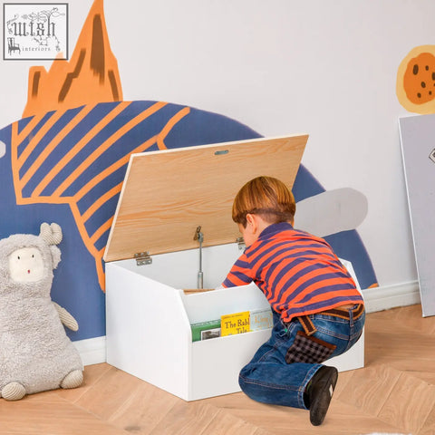White wooden kids toy box with light wood lid metal gas hinge and book slot for storage and playroom organization