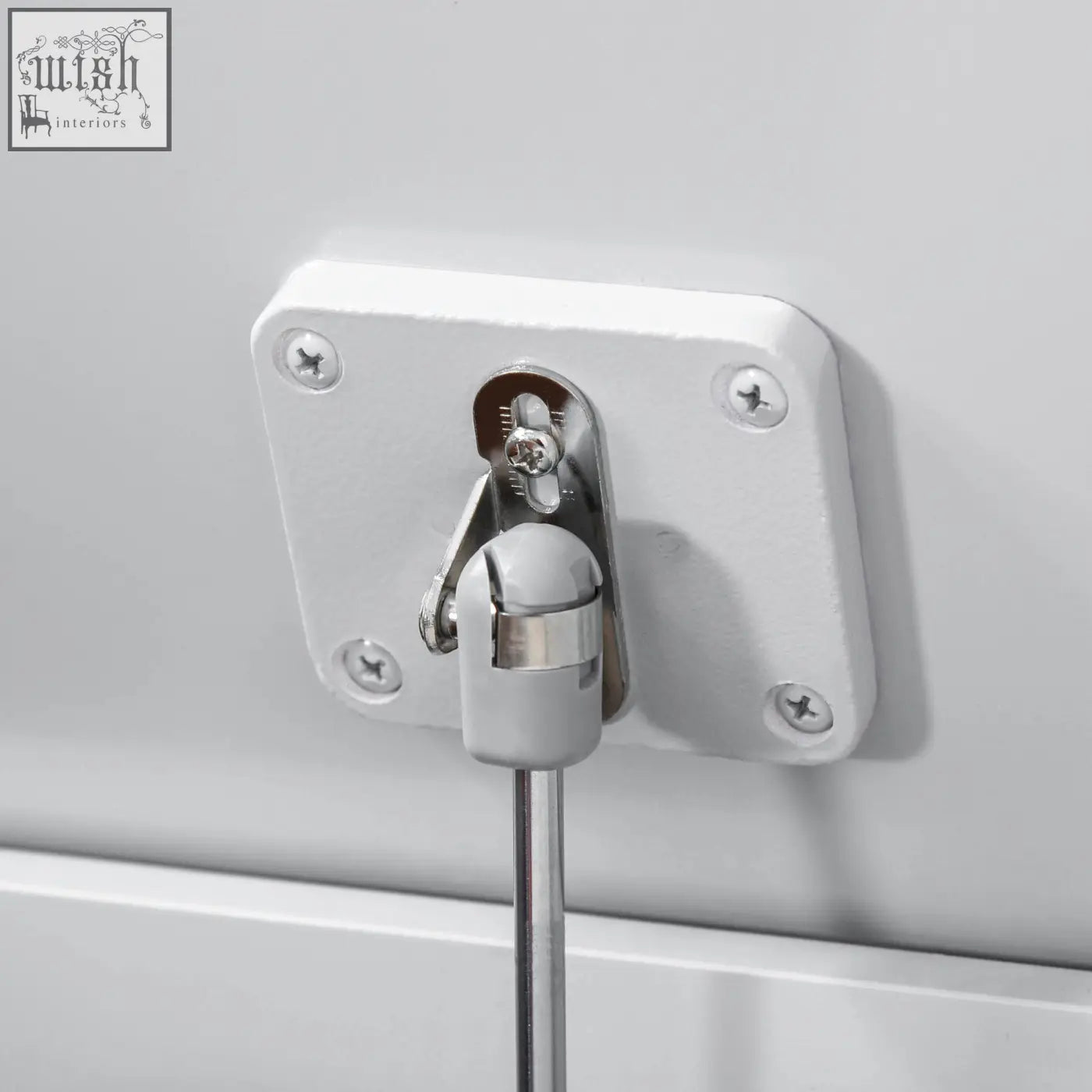 White plastic wall bracket with silver metal hinge and pneumatic rod for safety on homcom grey wooden kids toy box