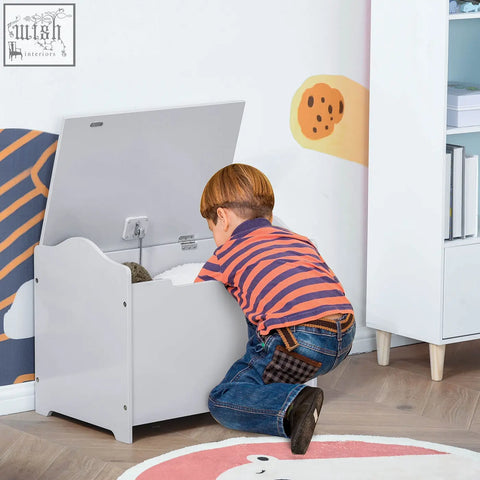 White wooden kids toy chest with curved sides and safety pneumatic rod for secure grey storage organizer
