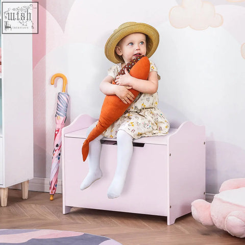 Pink wooden kids toy box with safety pneumatic rod and black handle by HOMCOM for safe playroom storage