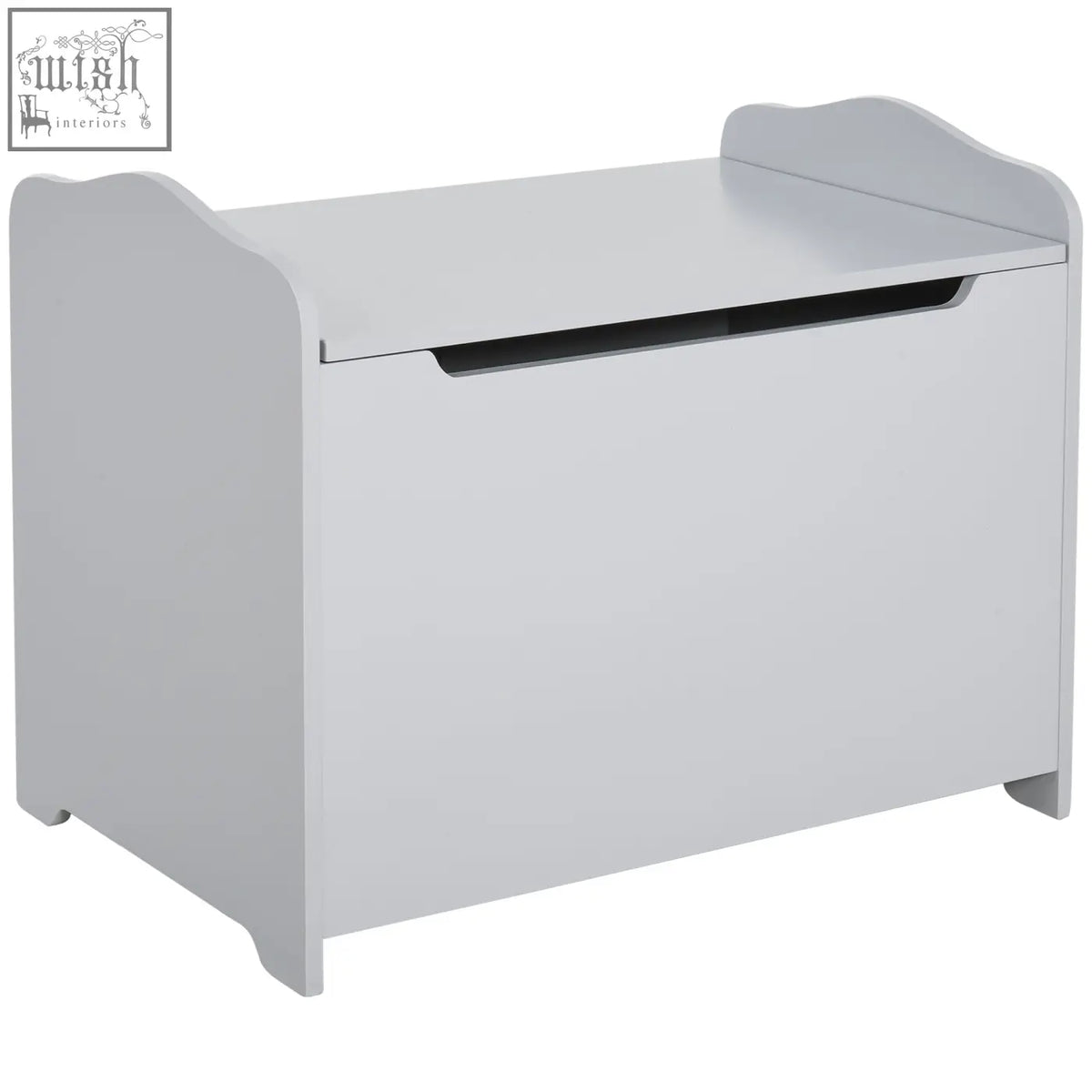 White wooden kids toy box with glossy finish and safety pneumatic rod for secure playroom storage in grey HOMCOM style
