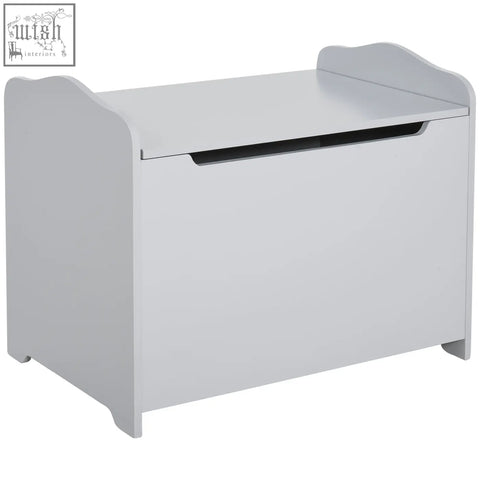 White wooden kids toy box with glossy finish and safety pneumatic rod for secure playroom storage in grey HOMCOM style