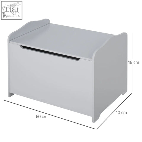 Gray wooden kids toy box with safety pneumatic rod and smooth curved lid for playroom storage by HOMCOM
