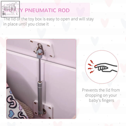 Silver safety pneumatic rod with metal body and rounded caps supporting the lid of pink homcom kids toy box