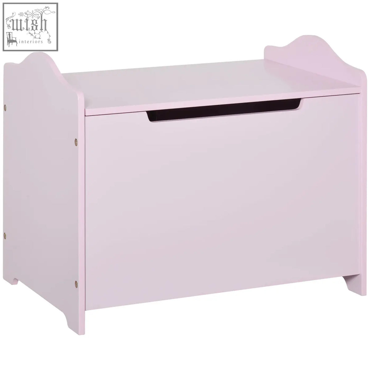 Pastel pink wooden kids toy box with black handle and scalloped edges featuring safety pneumatic rod for secure playroom storage
