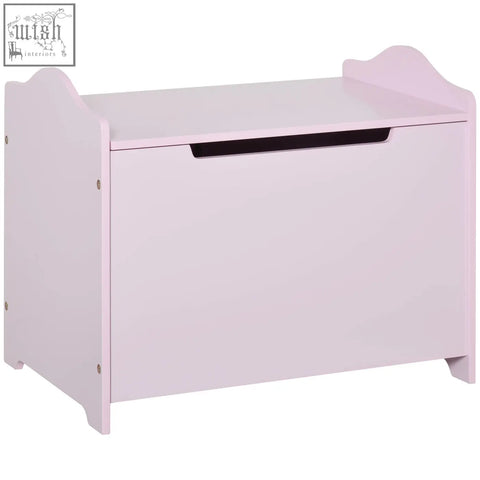 Pastel pink wooden kids toy box with black handle and scalloped edges featuring safety pneumatic rod for secure playroom storage