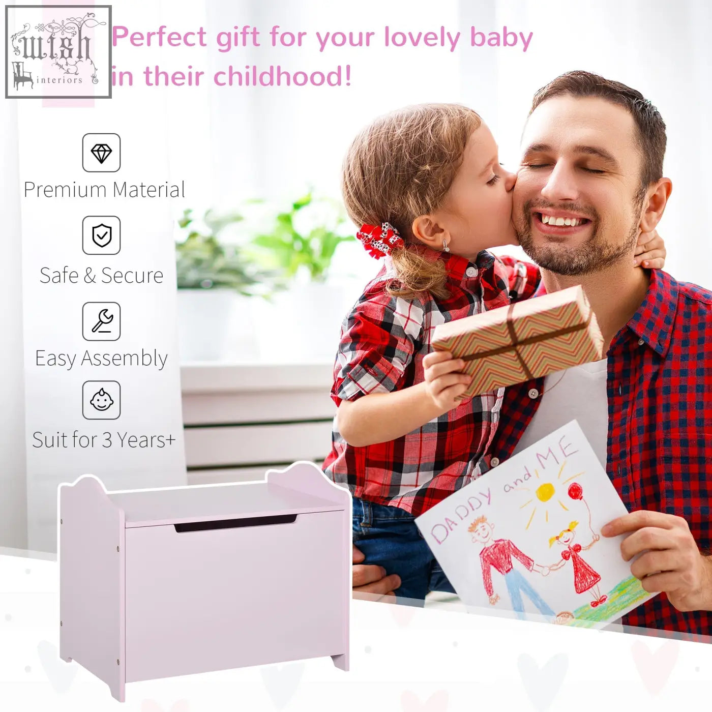 Pastel pink homcom wooden kids toy box with safety pneumatic rod and rounded edges for safe playroom storage