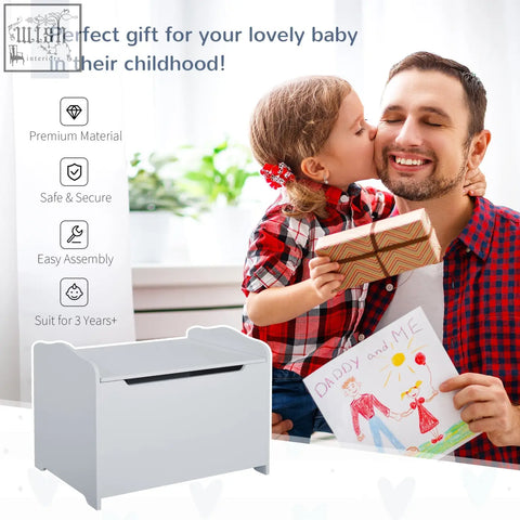 White wooden kids storage bench with black-trimmed lid and safety pneumatic rod for secure playroom use