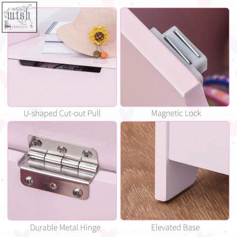 Pink wooden kids toy box with u-shaped pull magnetic lock metal hinge elevated base and safety pneumatic rod