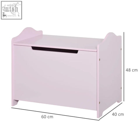 Pastel pink wooden kids toy box with dark brown handle scalloped edges and safety pneumatic rod for secure playroom storage