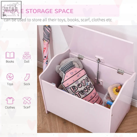 Pink wooden toy chest with safety pneumatic rod and hinged lid for kids storage and playroom organization