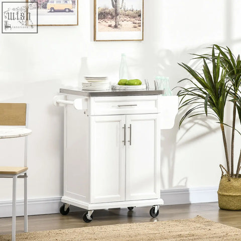 White homcom wooden kitchen island cart with stainless steel top, black caster wheels, towel rail, and spice rack storage