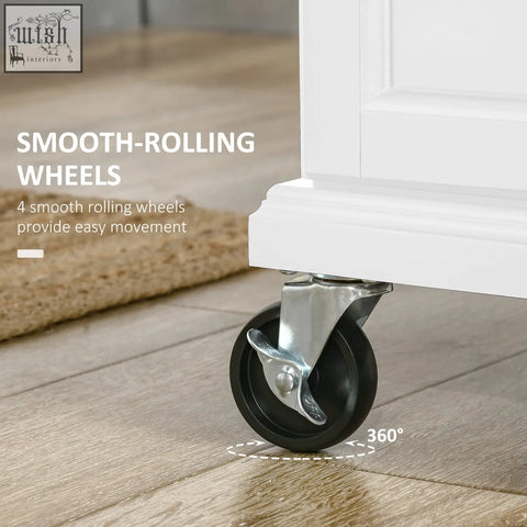 Black rubber wheel with silver metal caster bracket on HOMCOM wooden kitchen island with stainless steel top and towel rail