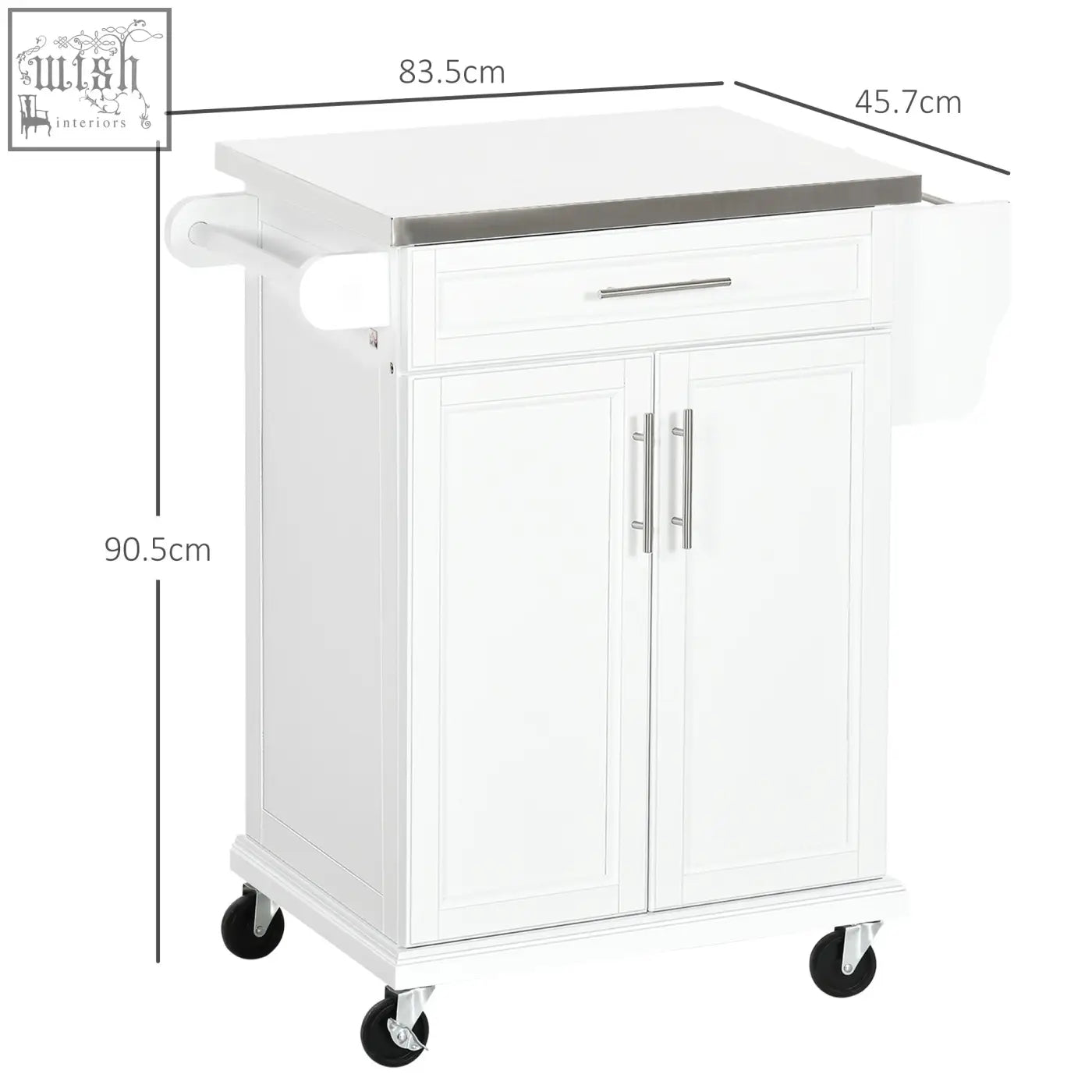 White HOMCOM kitchen cart with stainless steel countertop, drawer, cabinet doors, towel rail, and black caster wheels