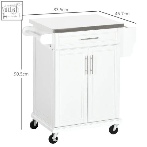 White HOMCOM kitchen cart with stainless steel countertop, drawer, cabinet doors, towel rail, and black caster wheels