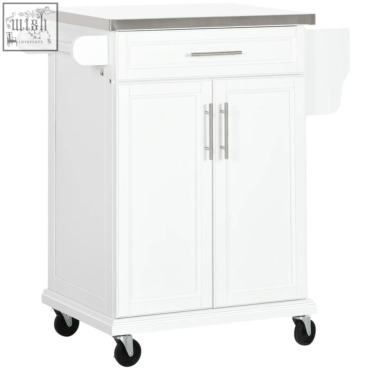 White homcom wooden kitchen island on wheels with stainless steel top silver handles spice rack towel rail and black caster wheels