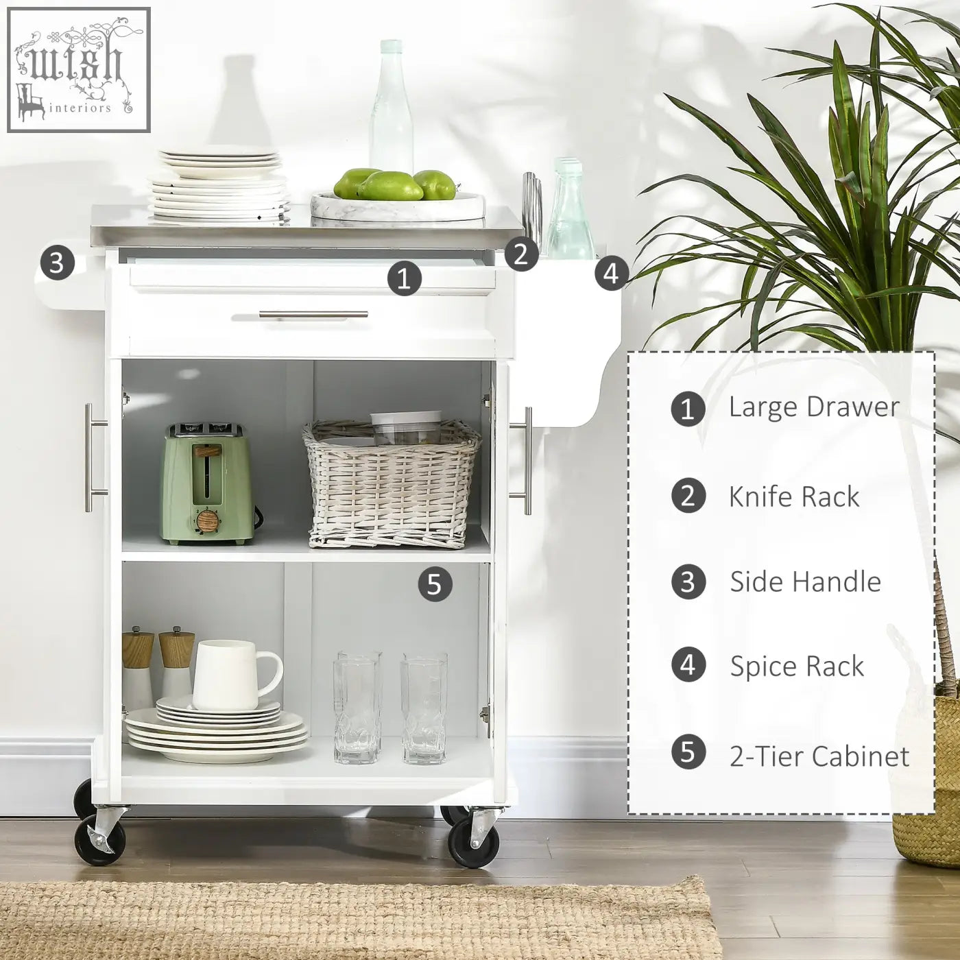 White HOMCOM kitchen island on wheels with stainless steel countertop, spice rack, towel rail, drawer, and black casters
