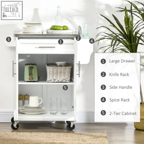 White HOMCOM kitchen island on wheels with stainless steel countertop, spice rack, towel rail, drawer, and black casters