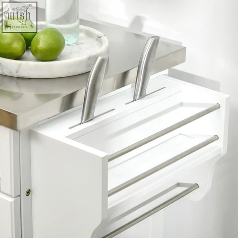 White homcom wooden kitchen island drawer with stainless steel handles and knife slots for organized storage