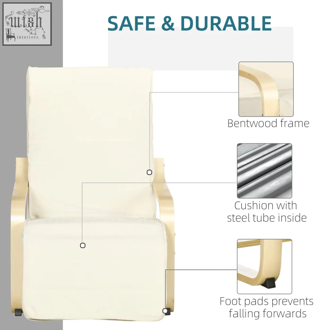 Cream-colored recliner chair with cushioned seat and birch wood frame for relaxing and lounging comfortably