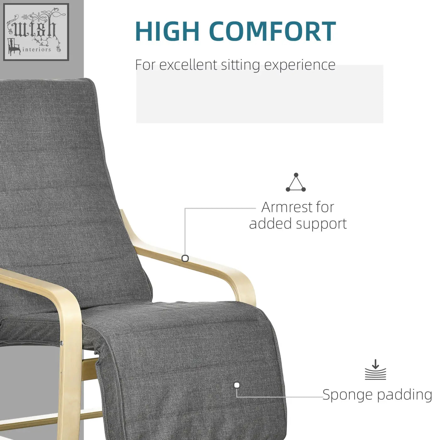 Gray upholstered lounging chair with birch wood frame and padded armrests for deck relaxing and recline seating