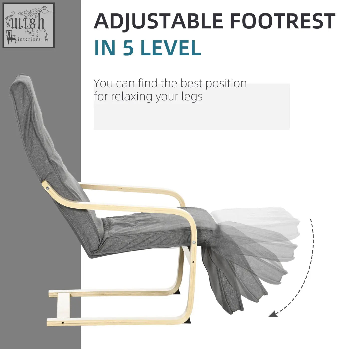 Gray fabric recliner chair with birch wood frame and adjustable footrest in five levels for relaxing lounging