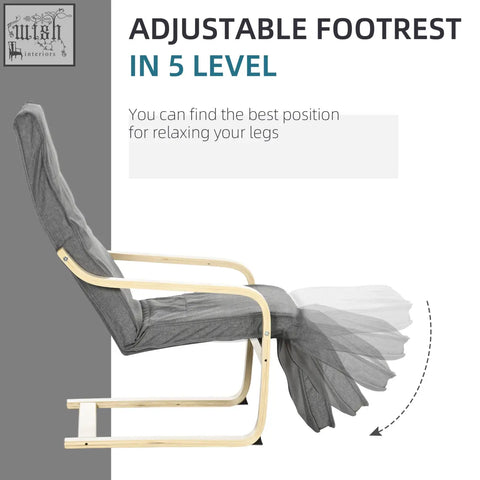Gray fabric recliner chair with birch wood frame and adjustable footrest in five levels for relaxing lounging