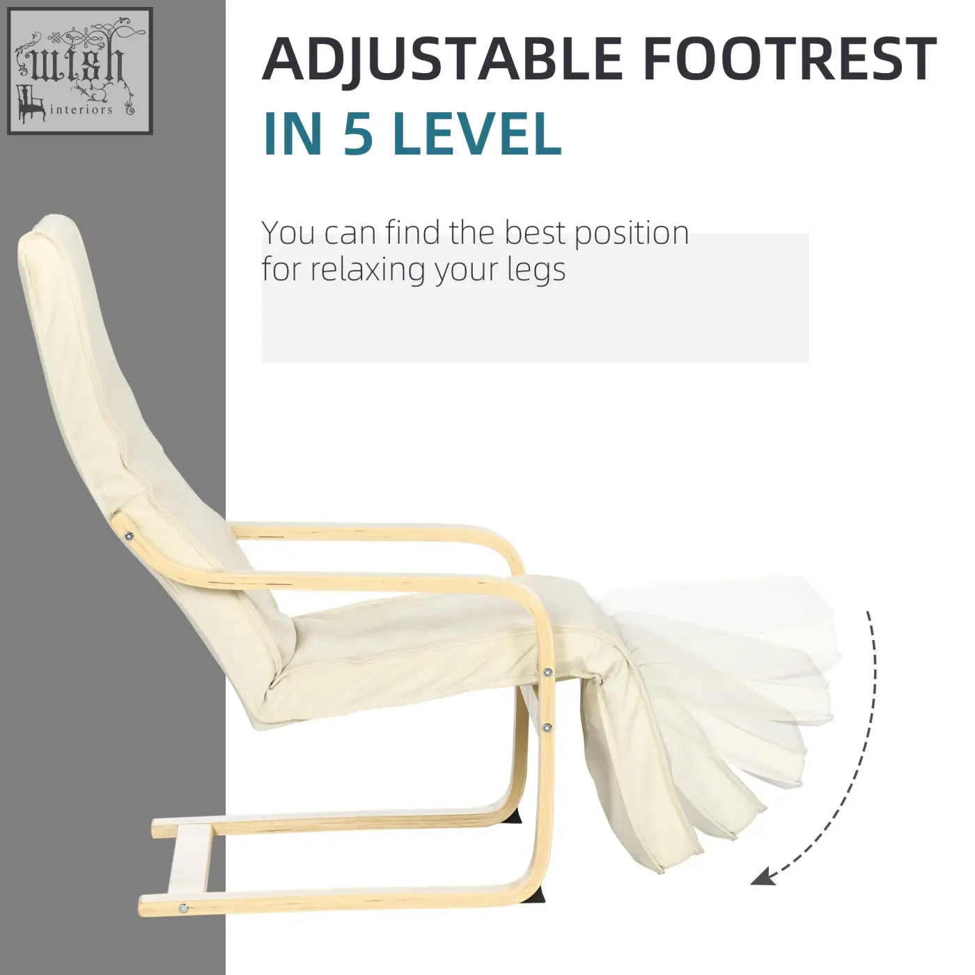 Cream cushioned recliner chair with birch wood frame and five-level adjustable footrest for relaxing lounge use