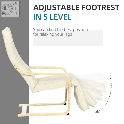 Cream cushioned recliner chair with birch wood frame and five-level adjustable footrest for relaxing lounge use