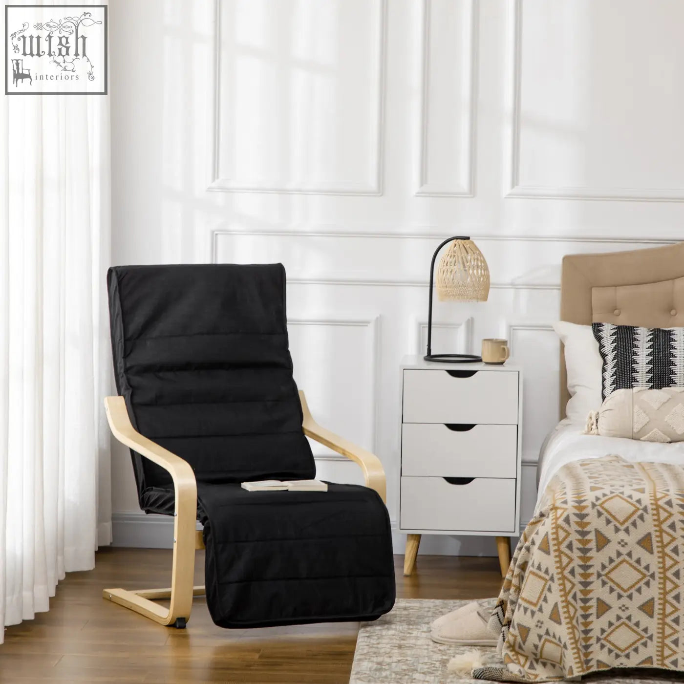Black fabric recliner chair with birch wood frame featuring adjustable footrest and removable cushion cover for relaxing