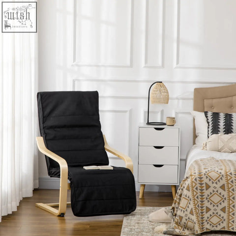 Black fabric recliner chair with birch wood frame featuring adjustable footrest and removable cushion cover for relaxing