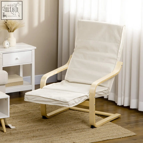 Beige upholstered reclining lounge chair with birch wood frame and adjustable footrest for relaxing seating
