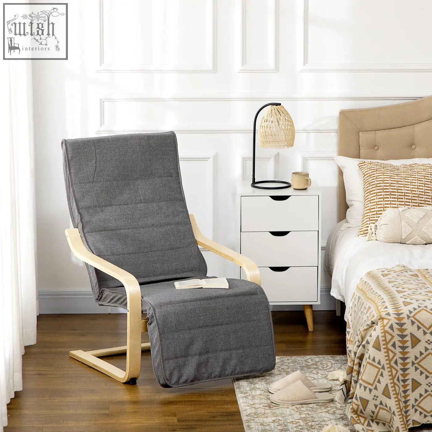 Gray upholstered recliner chair with birch wood frame and adjustable footrest for relaxing and lounging comfort