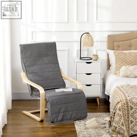 Gray upholstered recliner chair with birch wood frame and adjustable footrest for relaxing and lounging comfort