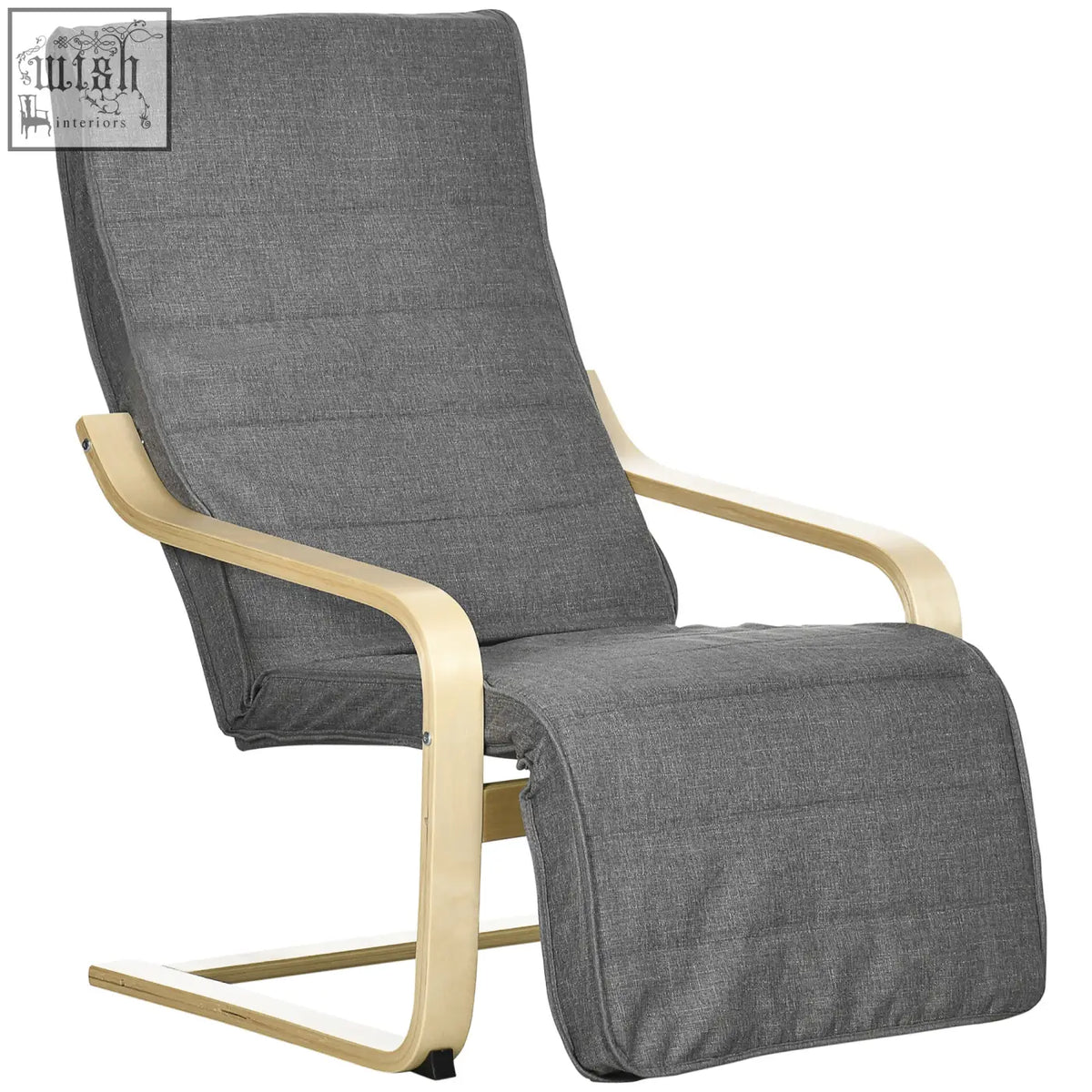 Gray upholstered recliner chair with adjustable footrest and birch wood frame for relaxing and lounging at home