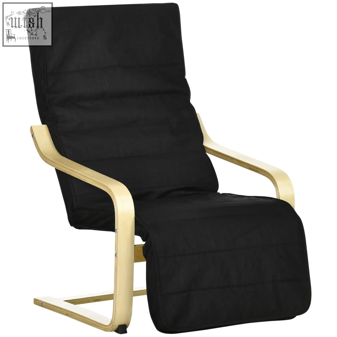 Black upholstered recliner chair with birch wood frame featuring adjustable footrest and removable cushion cover